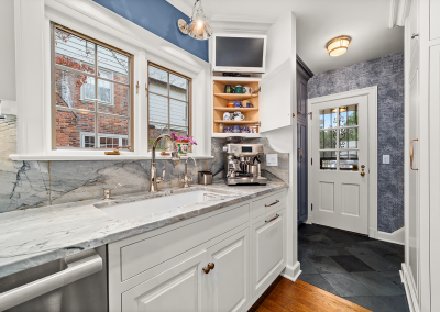 Coffee station with open cabinet